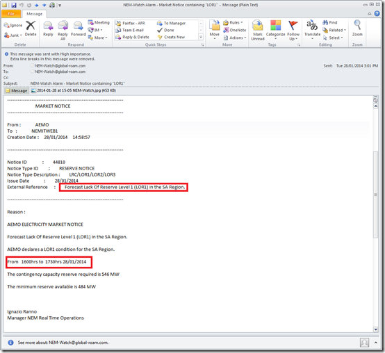 AEMO Market Notice warning of low reserve condition in South Australia