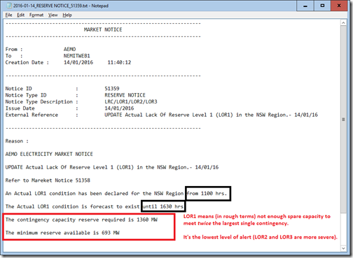 AEMO warns of insufficient spare generation capacity in NSW on 14th January 2016