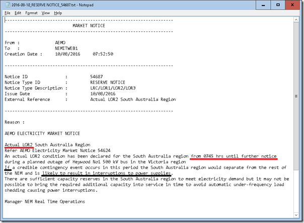 2016-08-10-NEMWatch-MarketNotice-ActualLOR2inSA