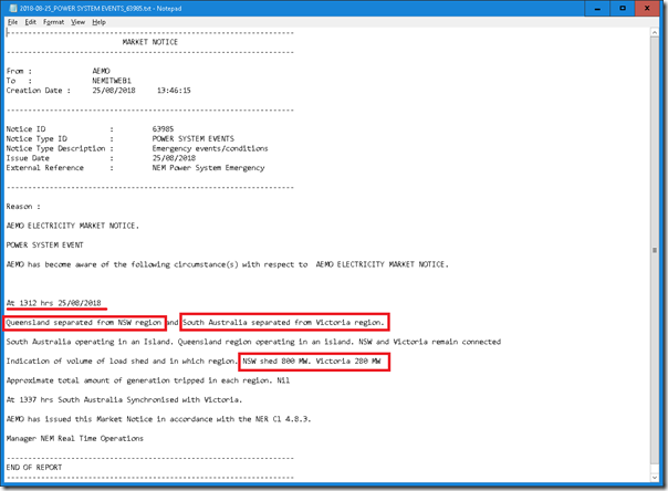 Both QLD and SA islanded from the rest of the NEM on Saturday 25th August 2018