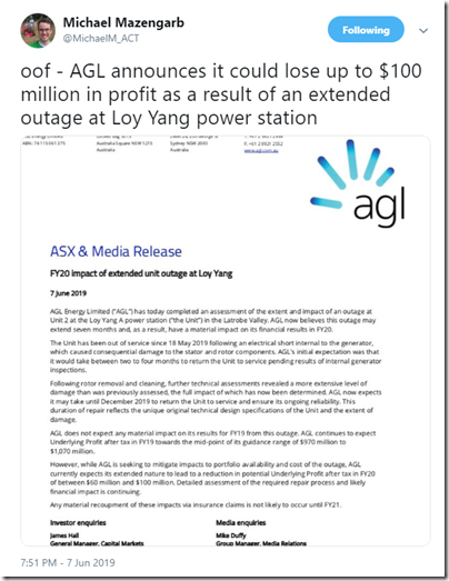 Brief comment on the extended outage at Loy Yang A unit 2