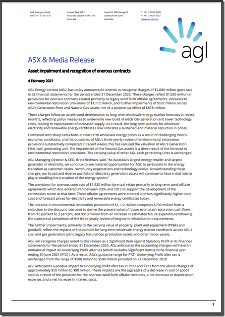 AGL Energy announces 2.6b impairment of which 1.9b for legacy