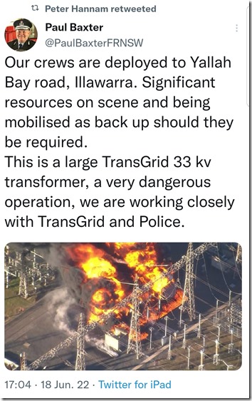 2022-06-18-Tweet-SubstationFire-atTallawarra